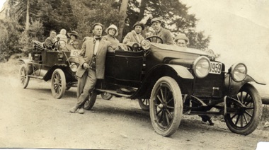 July 24, 1914 "Lookout" on Marine Drive in Point Grey district Vancouver BC
Back Car: Ray and Bill Jaques  and Audrey Front Car: Mother Jones, Bob, and Bess in Car, Geo on left side of car
Pha peaking over right side